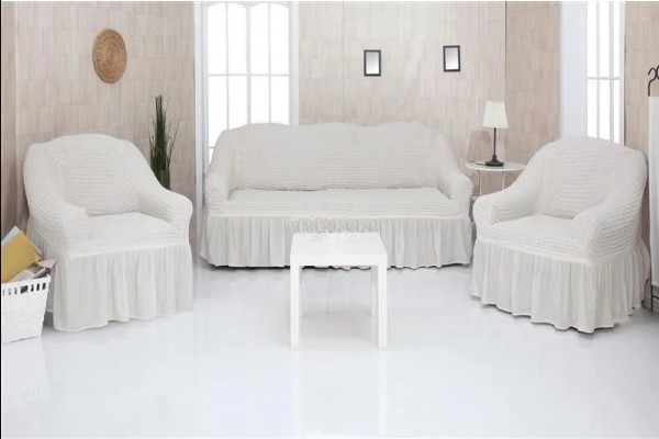 Молочные универсальные чехлы на диван + 2 кресла