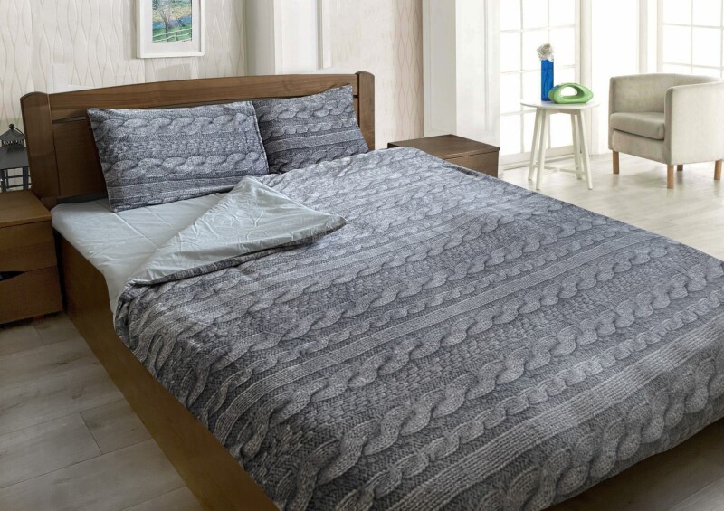 Двуспальный комплект утепленного постельного белья Зима-Лето (бязь+микрофибра) "Вязанка серая"