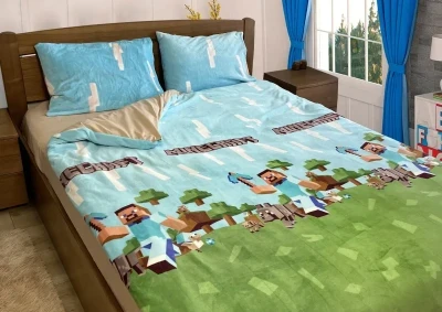 Полуторный Комплект утепленного постельного белья Зима-Лето (бязь+микрофибра) "Майнкрафт"