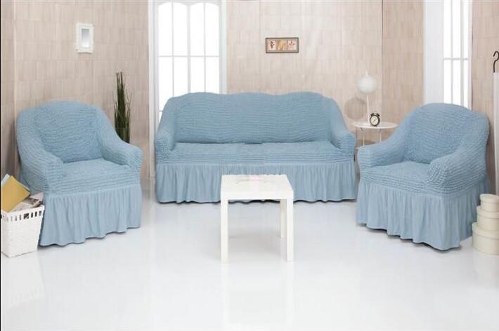 Голубые универсальные чехлы на диван + 2 кресла