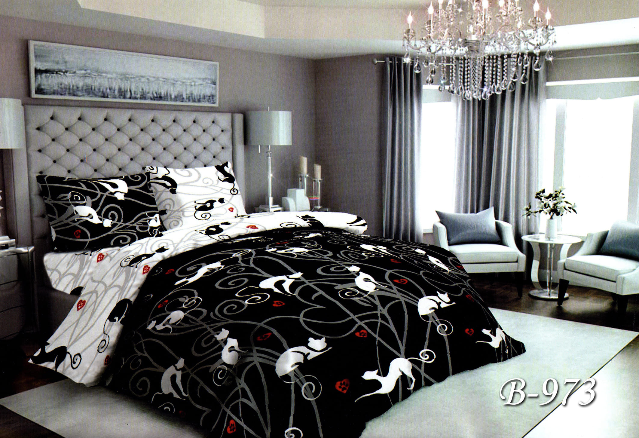 Двуспальное постельное белье Тет-А-Тет B-973 Котики на черном 