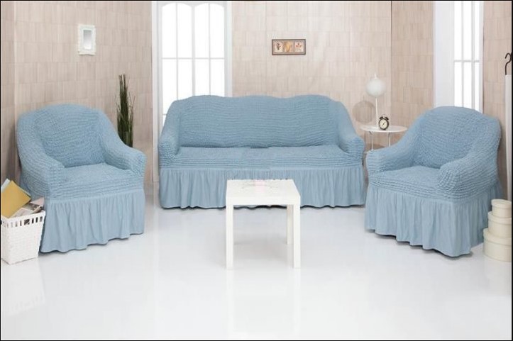 Тёмно голубые универсальные чехлы на диван + 2 кресла