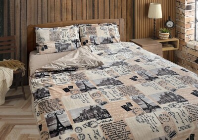 Двуспальный комплект утепленного постельного белья Зима-Лето (бязь+микрофибра) "Париж бежевый