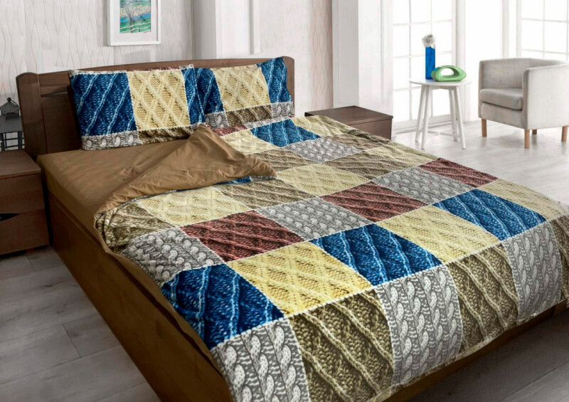 Евро комплект утепленного постельного белья Зима-Лето (бязь+микрофибра) "Вязанка цветная