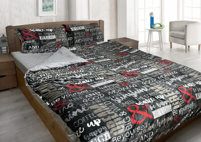 Двуспальный комплект утепленного постельного белья Зима-Лето (бязь+микрофибра) "Надписи на сером фоне"