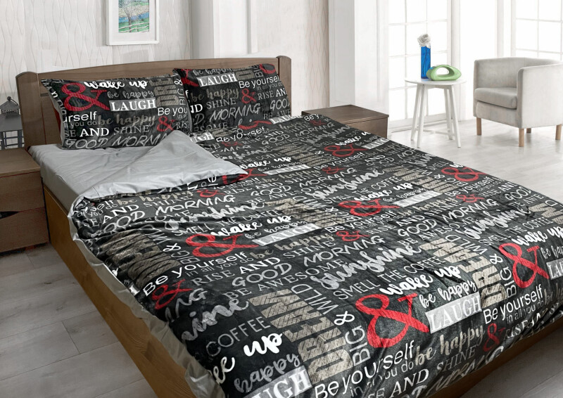 Двуспальный комплект утепленного постельного белья Зима-Лето (бязь+микрофибра) "Надписи на сером фоне"