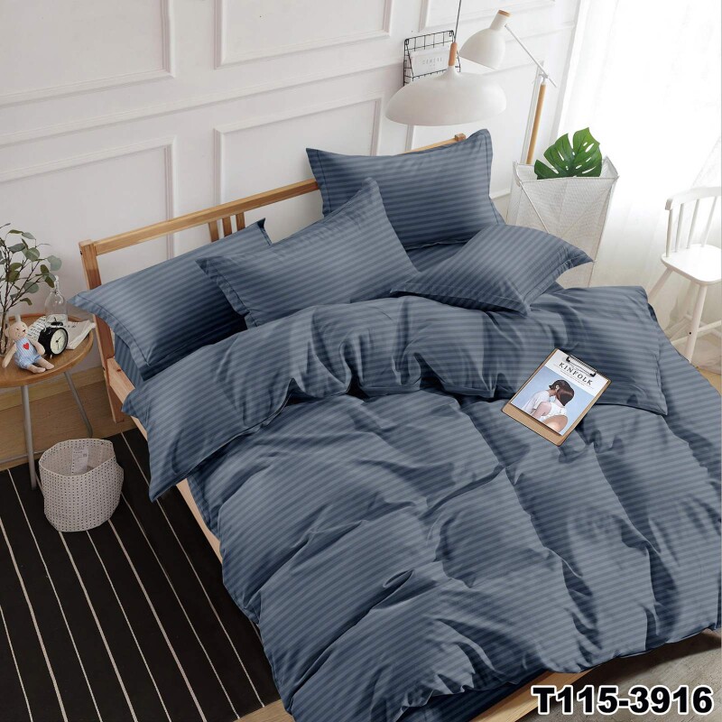 Евро комплект постельного белья Страйп "Темно-серый с синим оттенком"