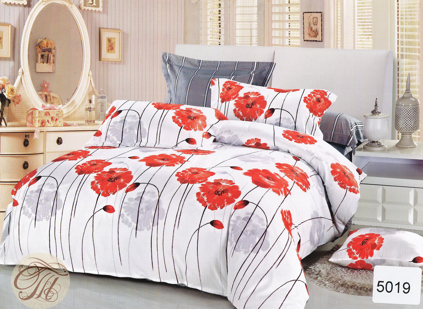 Комплект постельного белья сатин евро  ELWAY 5019 Мак цветок