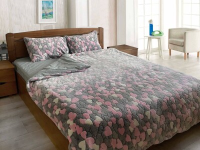 Полуторный комплект утепленного постельного белья Зима-Лето (бязь+микрофибра) "Сердечки"