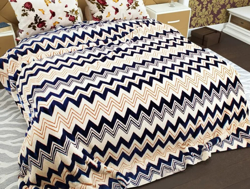 Плед флісовий 200х220 ❤️Зиг-заг синій з бежевим❤️