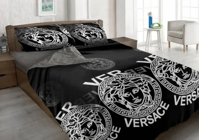 Полуторный комплект утепленного постельного белья Зима-Лето (бязь+микрофибра) "Версаче черный"