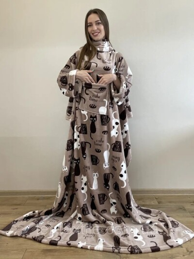 Плед із флісу з рукавами "Котики з кавою"